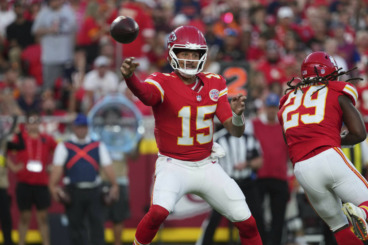 Kansas City Chiefs quarterback Patrick Mahomes passes during the first half of an NFL preseason ...