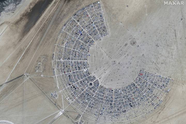 This image released by Maxar Technologies shows an overview of the Burning Man 2024 festival, S ...