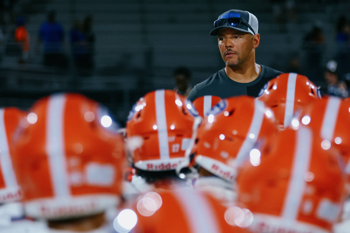 Bishop Gorman head coach Brent Browner addresses his team after the football game on Friday, Au ...