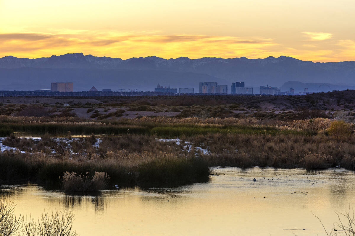 The sun sets as water flows along the Las Vegas Wash in 2024. (L.E. Baskow/Las Vegas Review-Jou ...