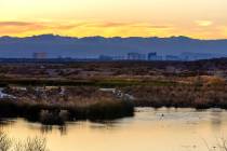 The sun sets as water flows along the Las Vegas Wash in 2024. (L.E. Baskow/Las Vegas Review-Jou ...