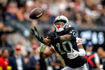 Raiders wide receiver Dont'e Thornton Jr. (10) reaches out for a catch that falls incomple ...