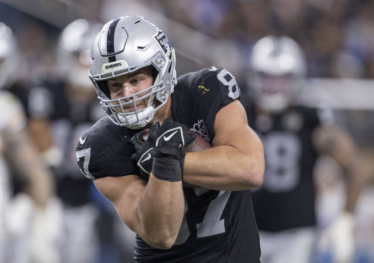 Raiders tight end Michael Mayer (87) makes a catch during the second half of an NFL game agains ...