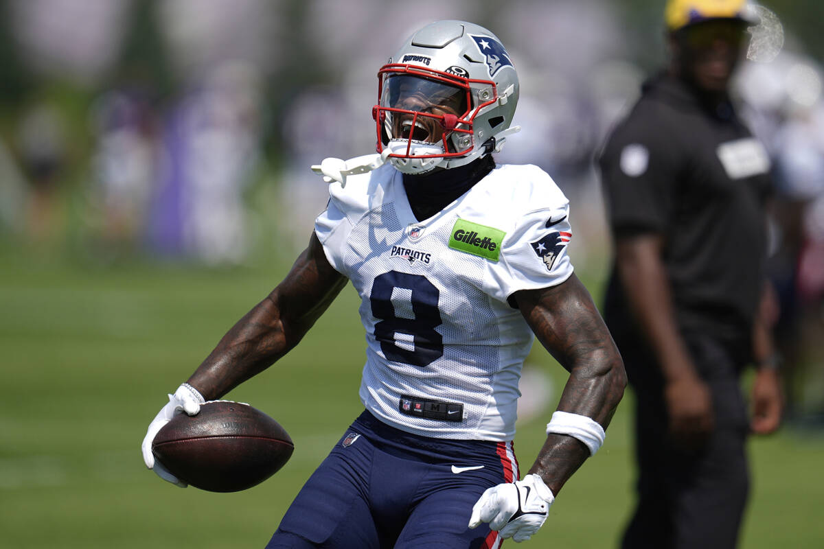 New England Patriots wide receiver Stefon Diggs (8) reacts after catching a pass during a joint ...