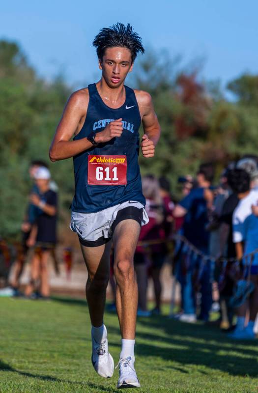 Centennial high school runner Calvin Rivera (611) nears the finish to take third place in the V ...