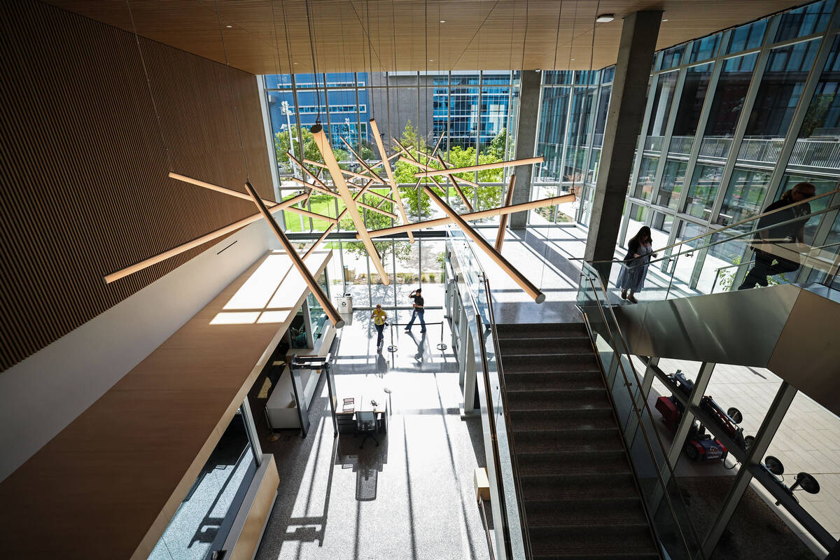 One of the entrances to the new Las Vegas Civic Center and Carolyn G. Goodman Plaza is seen Thu ...