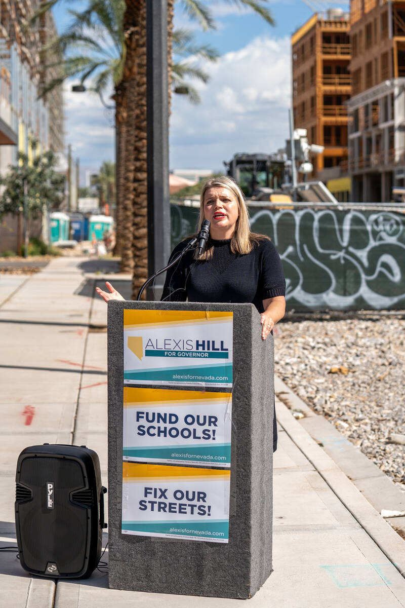 Alexis Hill speaks to the media during a campaign kickoff press conference for governor Thursda ...