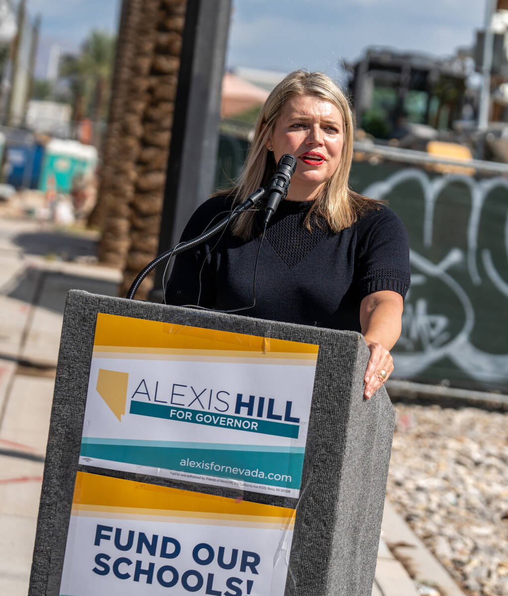 Alexis Hill speaks to the media during a campaign kickoff press conference for governor Thursda ...