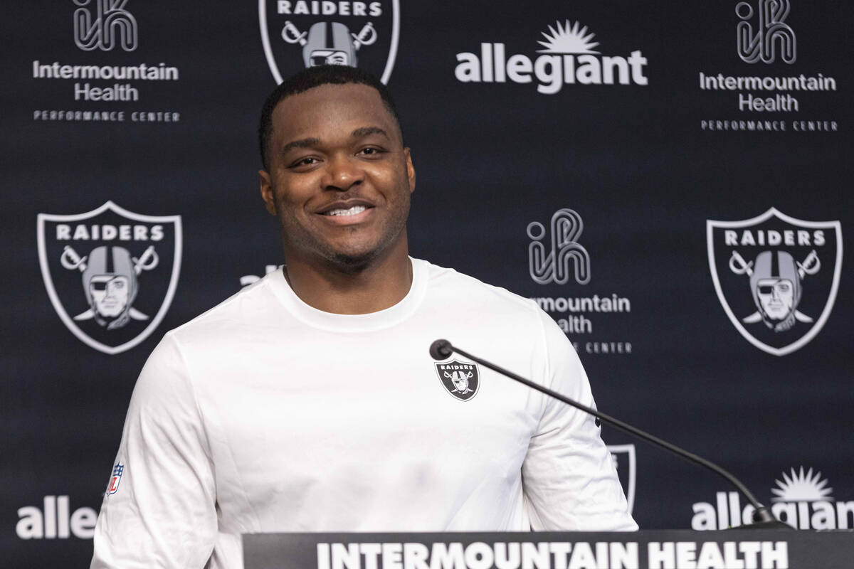 Raiders wide receiver Amari Cooper answers questions from the media during a news conference at ...