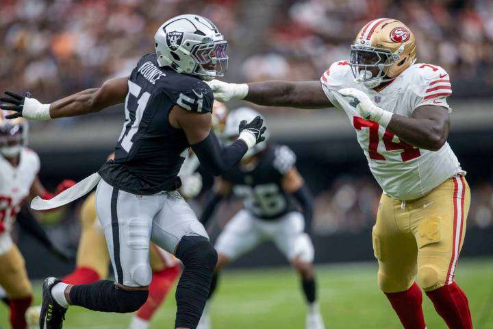 Raiders defensive end Malcolm Koonce (51) works against San Francisco 49ers offensive tackle Sp ...