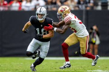Raiders wide receiver Jack Bech (18) runs a route against San Francisco 49ers cornerback Dallis ...