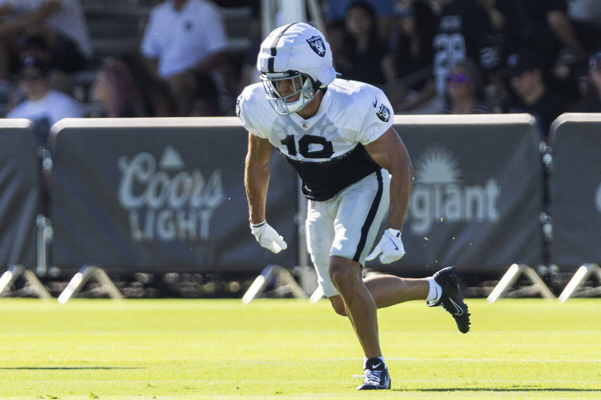 Raiders wide receiver Jack Bech (18) runs a route during the team’s training camp at the ...