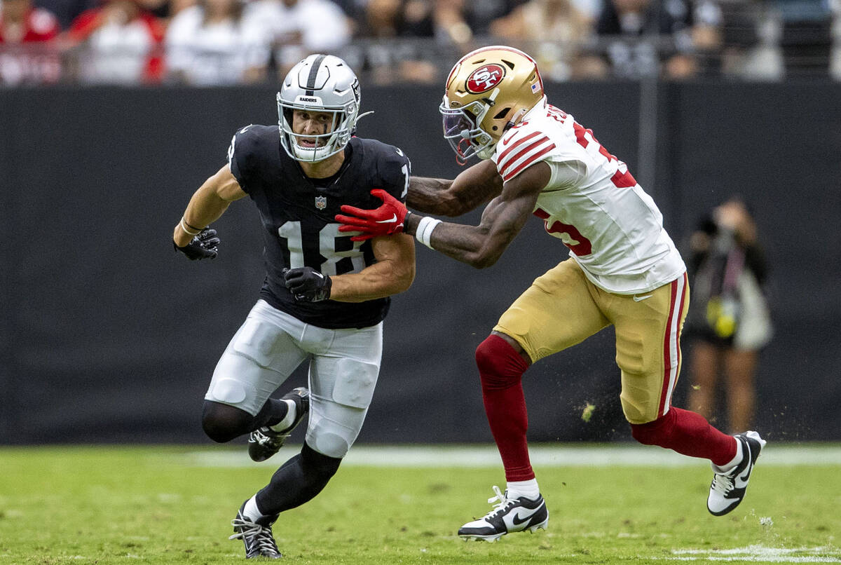 Raiders wide receiver Jack Bech (18) runs a route against San Francisco 49ers cornerback Dallis ...