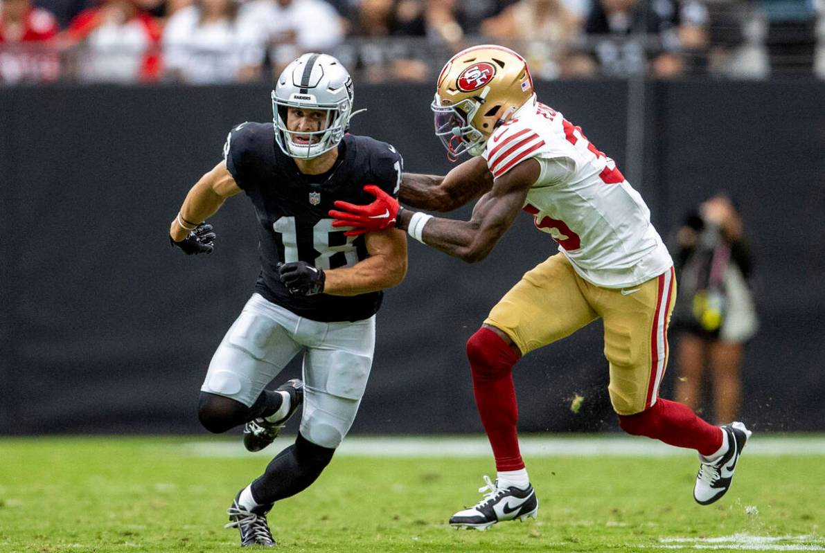 Raiders wide receiver Jack Bech (18) runs a route against San Francisco 49ers cornerback Dallis ...