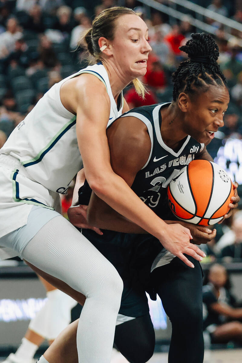 Aces guard Jewell Loyd (24) is hounded by Minnesota Lynx forward Alanna Smith (8) during a WNBA ...