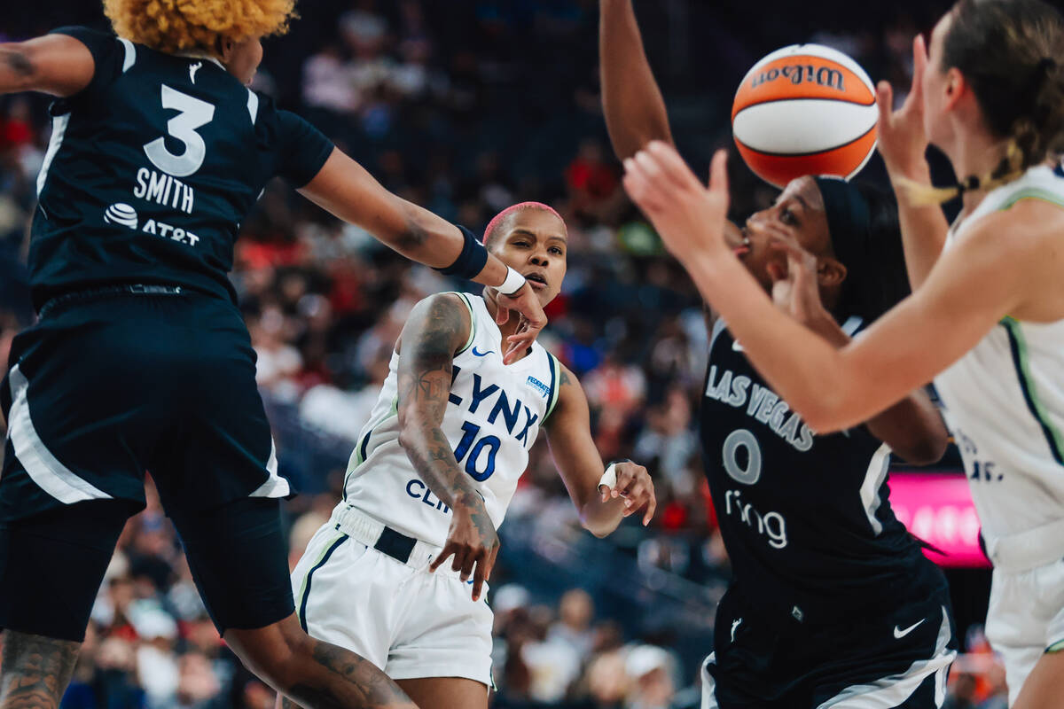 Minnesota Lynx guard Courtney Williams (10) passes the ball to a teammate during a WNBA basketb ...