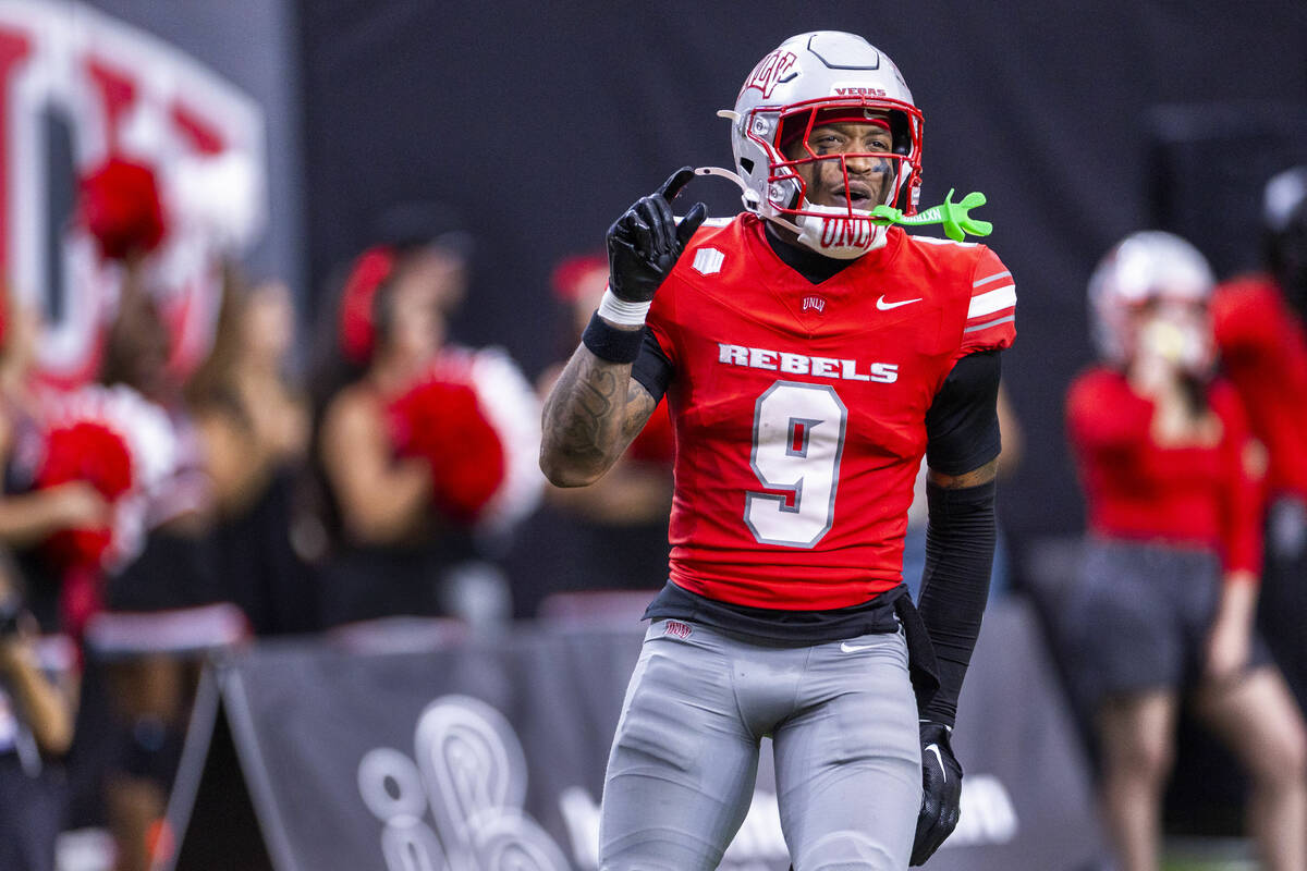 UNLV running back Jai'Den Thomas (9) shows they came up just short of a score against the ...