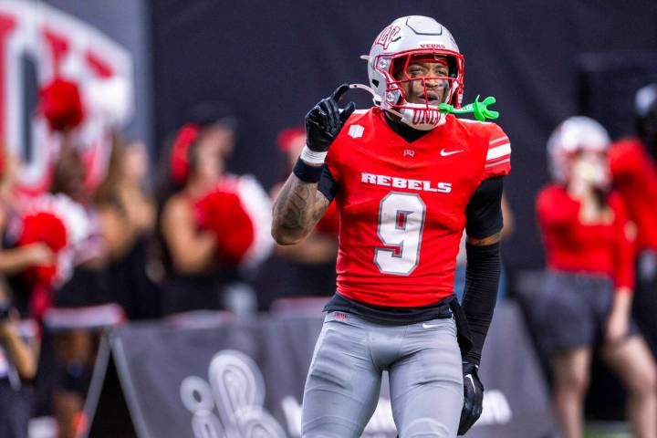 UNLV running back Jai'Den Thomas (9) shows they came up just short of a score against the ...