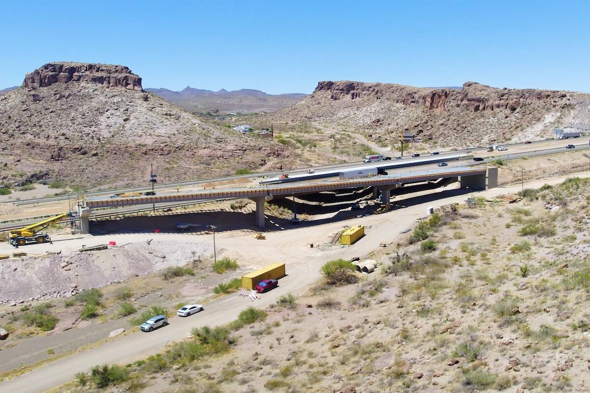 Crews work on Interstate 40 at Clack Canyon as part of the I-40/U.S. Highway 93 interchange pro ...