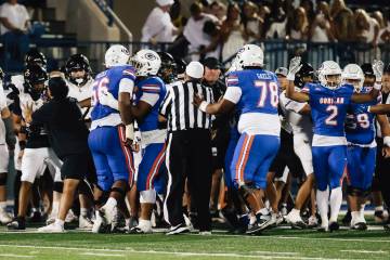 A fight breaks out during a high school football game between Lone Peak and Bishop Gorman at Bi ...