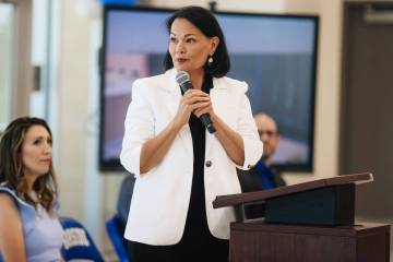 CCSD Superintendent Jhone Ebert speaks during the Frank F. Garside Junior High School ribbon cu ...