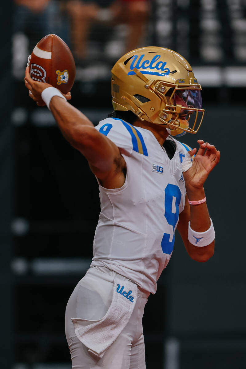 UCLA quarterback Nico Iamaleava (9) warms up before the football game on Saturday, Sept. 6, 202 ...