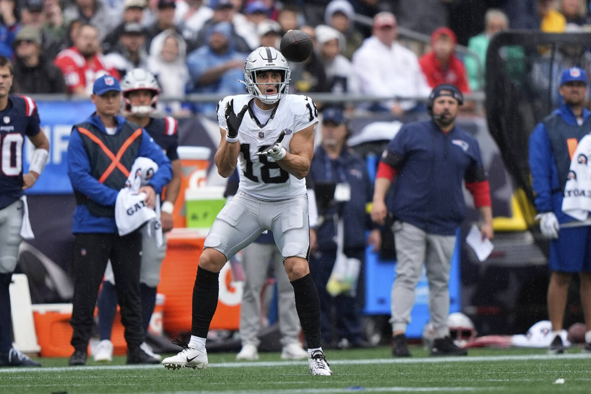 Las Vegas Raiders wide receiver Jack Bech (18) makes a catch against the New England Patriots d ...
