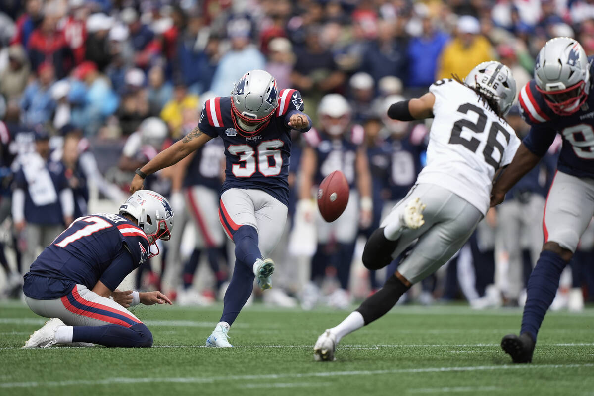 New England Patriots place kicker Andy Borregales (36) misses a field goal attempt against the ...