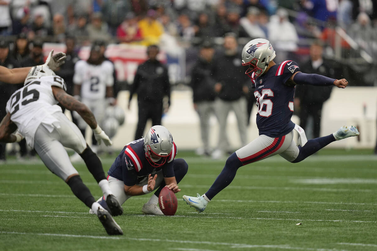 New England Patriots place kicker Andy Borregales (36) kicks a field goal during the first half ...