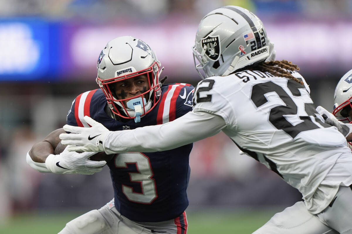 New England Patriots wide receiver DeMario Douglas (3) runs against Las Vegas Raiders cornerbac ...