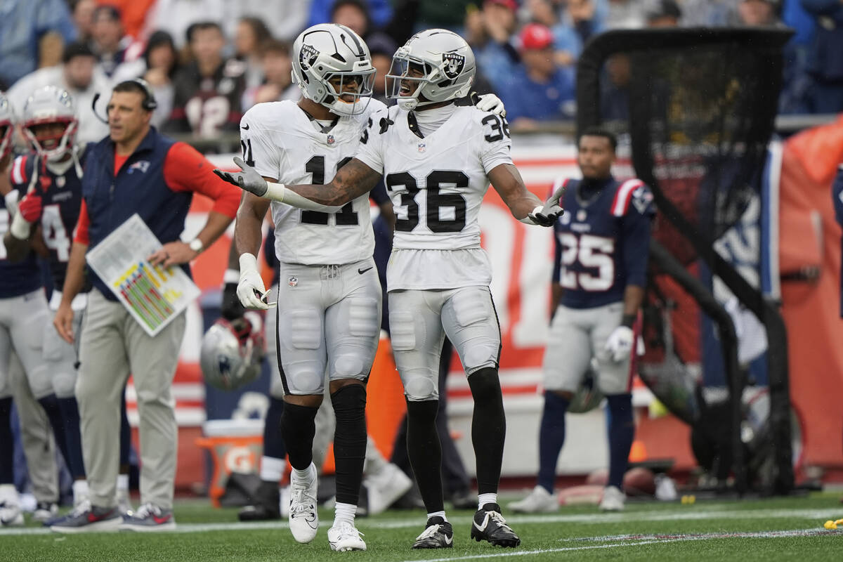 Las Vegas Raiders cornerback Kyu Blu Kelly (36) reacts after a play against the New England Pat ...