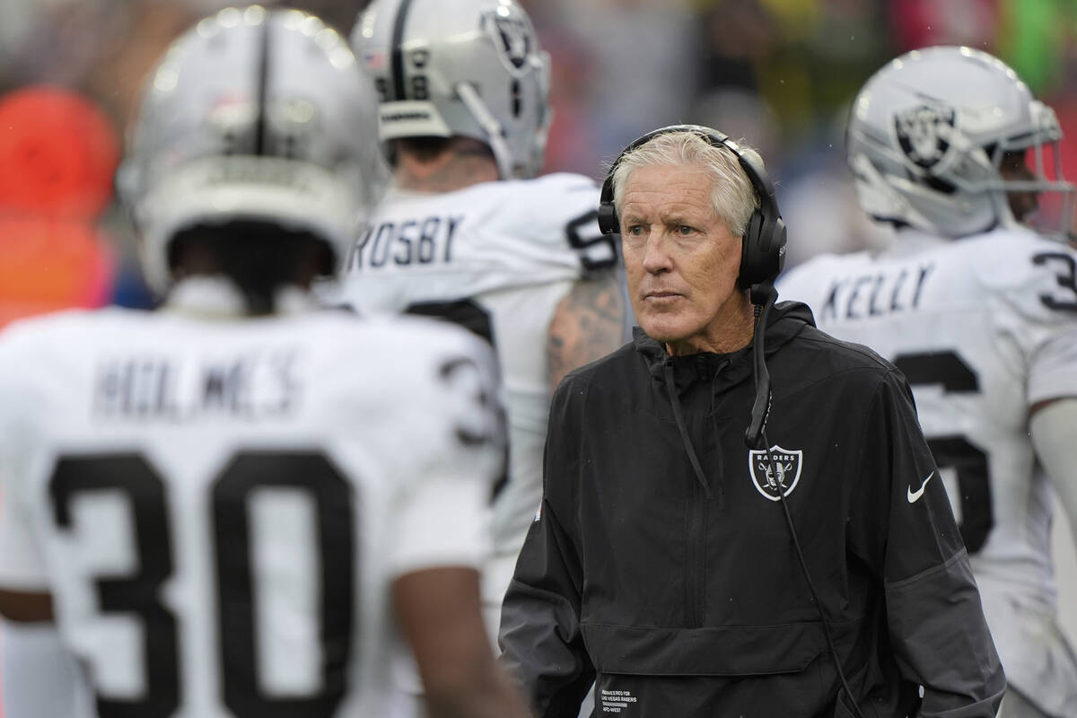 Las Vegas Raiders head coach Pete Carroll during the first half of an NFL football game against ...