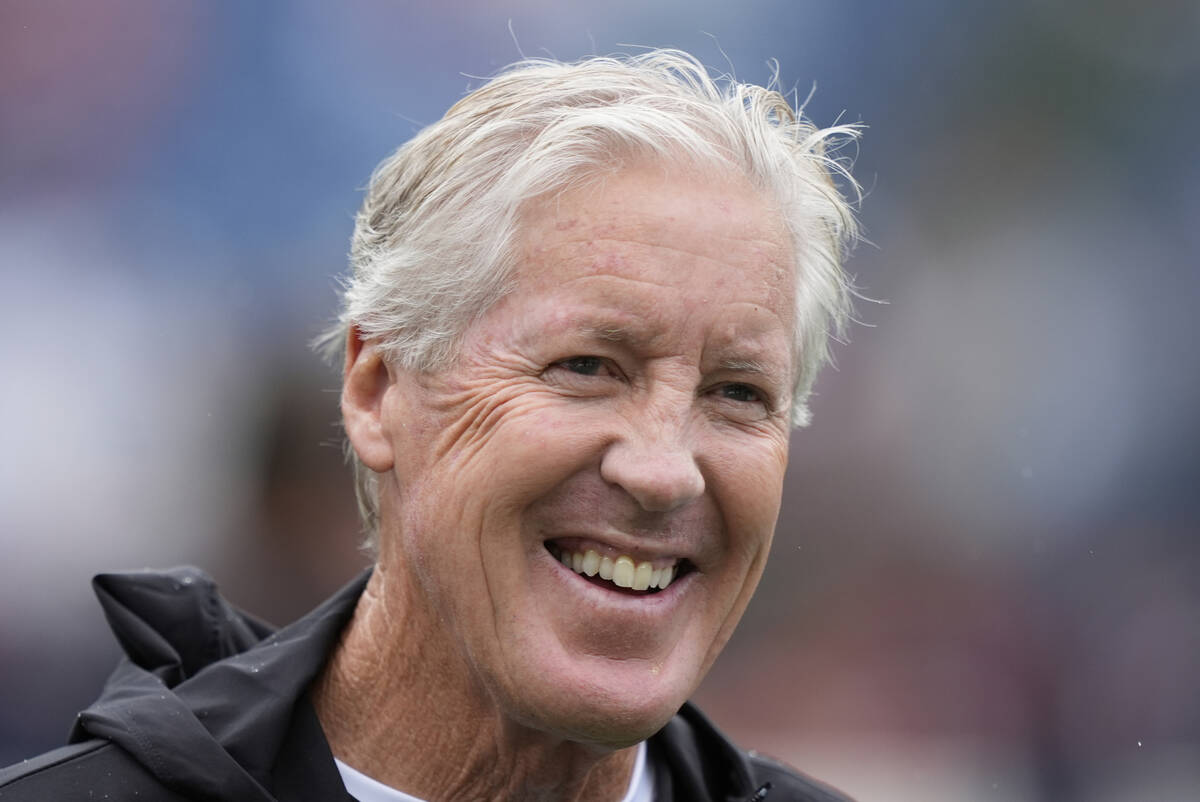 Las Vegas Raiders head coach Pete Carroll before an NFL football game between the Las Vegas Rai ...