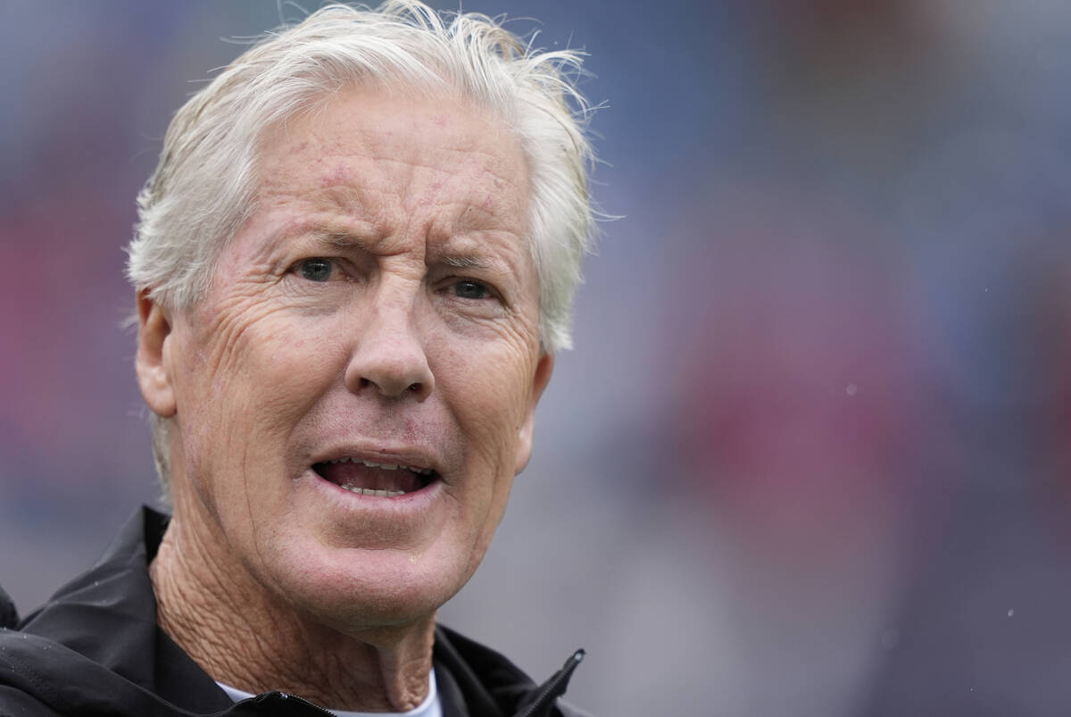 Las Vegas Raiders head coach Pete Carroll before an NFL football game between the Las Vegas Rai ...