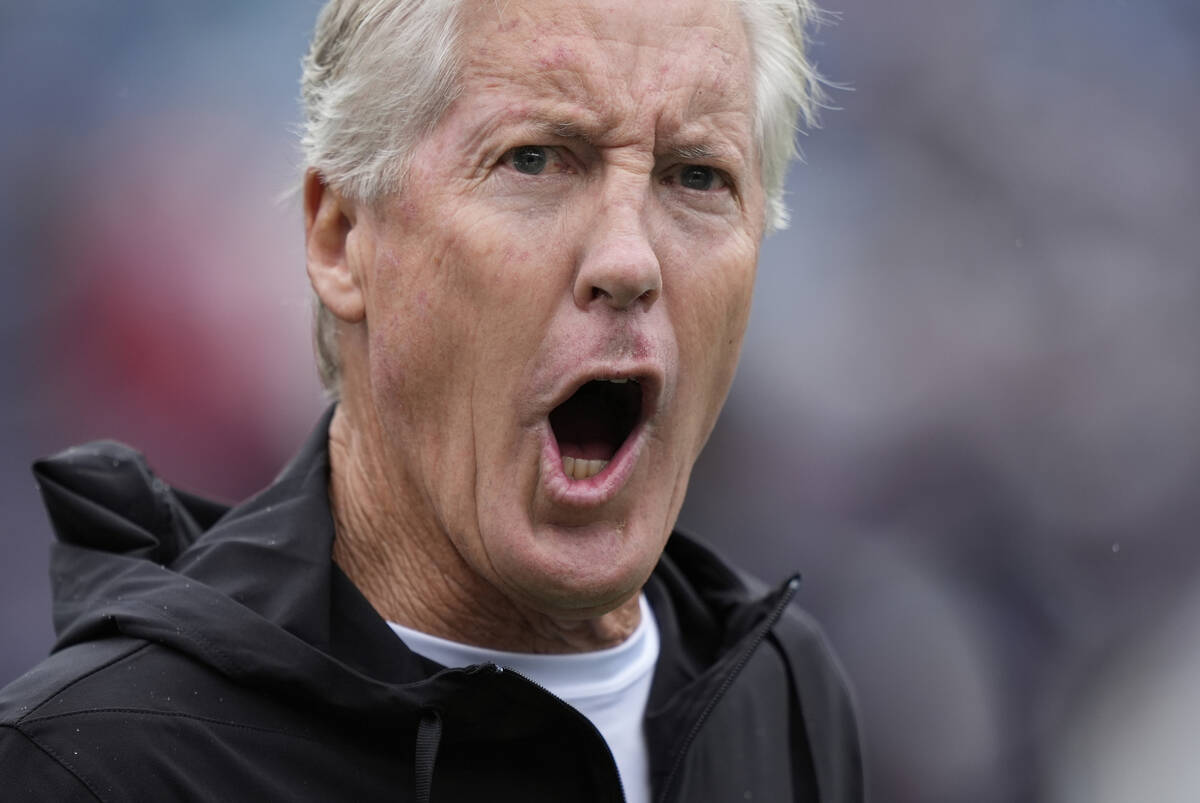 Las Vegas Raiders head coach Pete Carroll before an NFL football game between the Las Vegas Rai ...