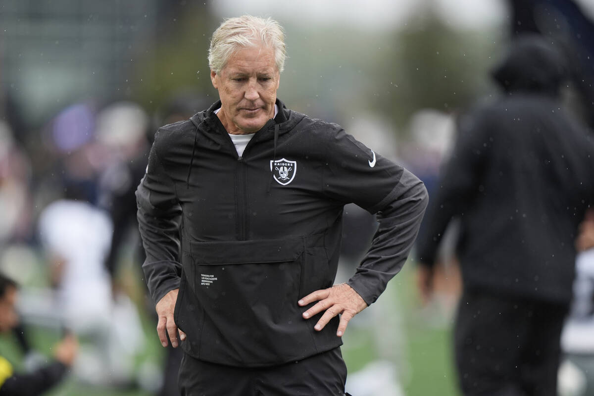 Las Vegas Raiders head coach Pete Carroll before an NFL football game against the New England P ...