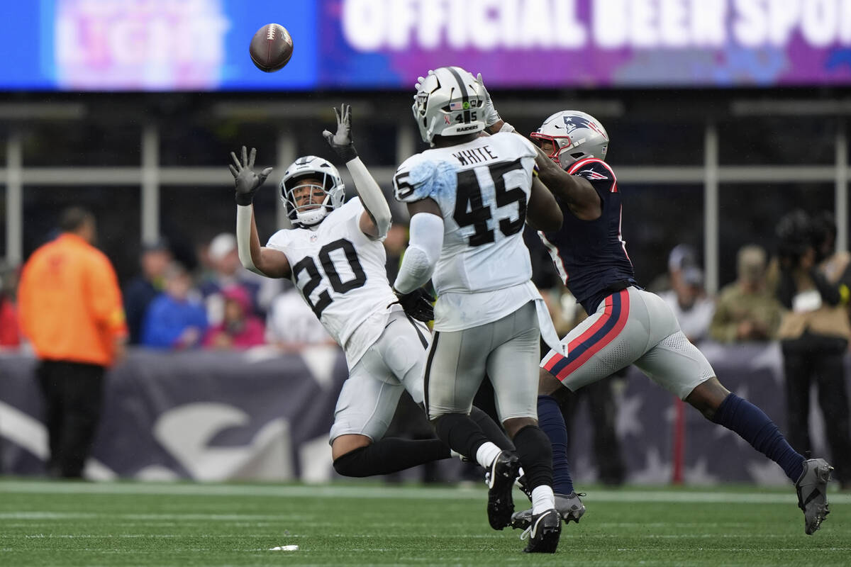 Las Vegas Raiders safety Isaiah Pola-Mao (20) intercepts a pass against the New England Patriot ...