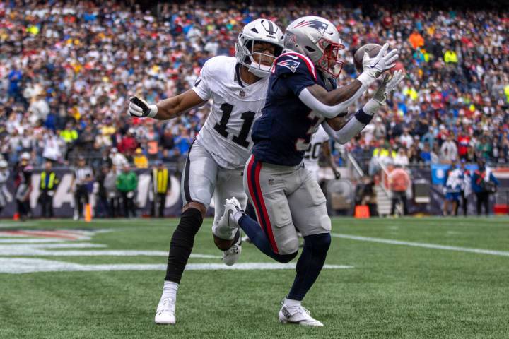 Raiders safety Jeremy Chinn (11) in coverage as New England Patriots wide receiver DeMario Doug ...