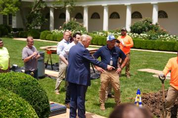 President Donald Trump looks over a construction project in the Rose Garden of the White House, ...