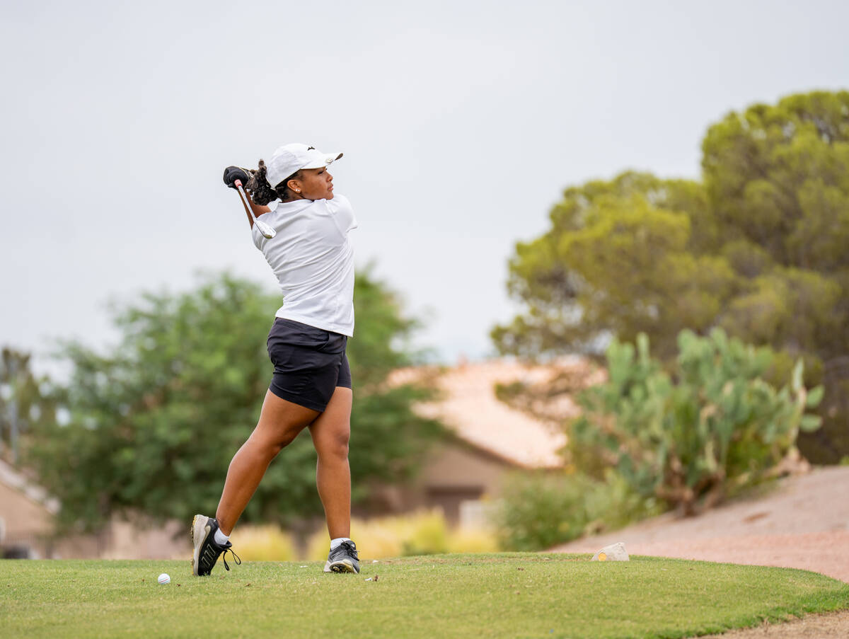 Clark’s Alliah Jordan tees off Thursday afternoon during a Class 5A Desert League girls ...
