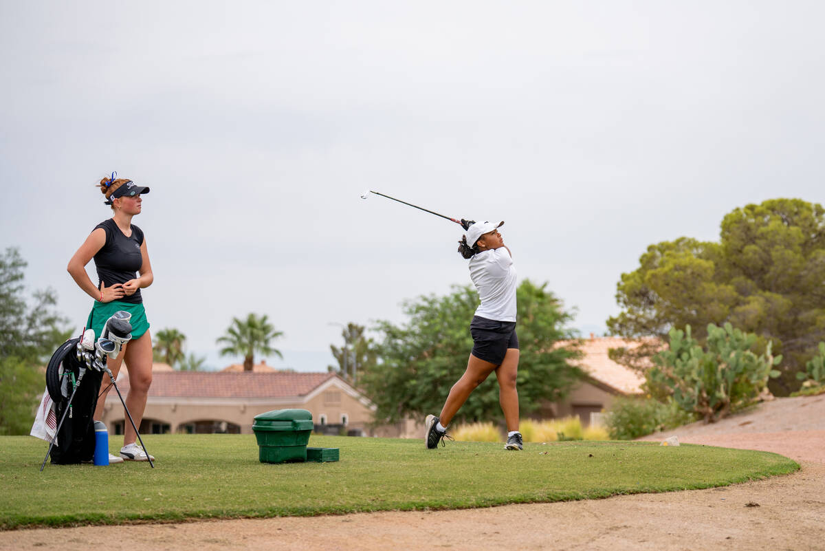 Clark’s Alliah Jordan tees off Thursday afternoon during a Class 5A Desert League girls ...