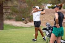 Clark’s Alliah Jordan tees off Thursday afternoon during a Class 5A Desert League girls golf ...