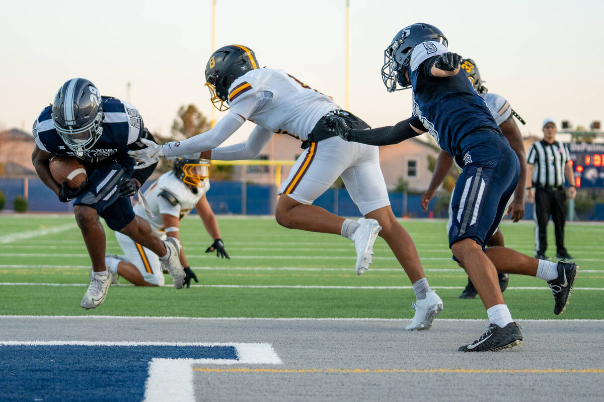 Shadow Ridge Player Trevin Young (29) enters the end zone during a football game between Shadow ...