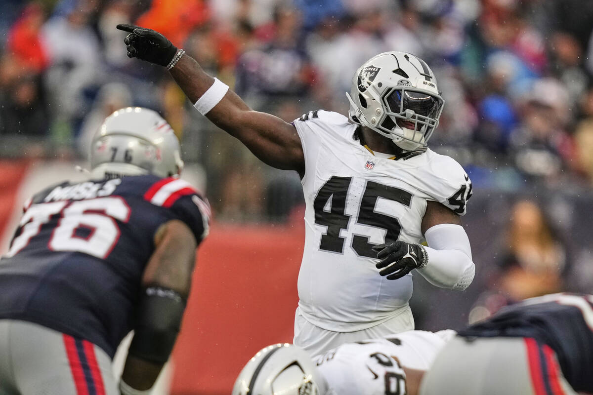 Las Vegas Raiders linebacker Devin White (45) during an NFL football game, Sunday, Sept. 7, 202 ...