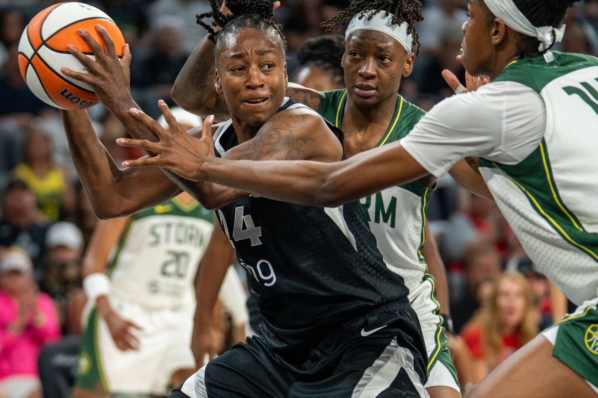 Las Vegas Aces guard Jewell Loyd (24) attepts to move the ball up court at a WNBA basketball ga ...