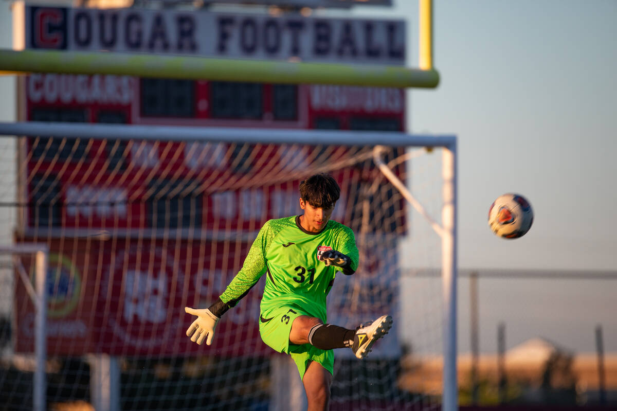 Las Vegas goalkeeper Cristian Alvarado Rodriguez boots the ball during a soccer match at Corona ...