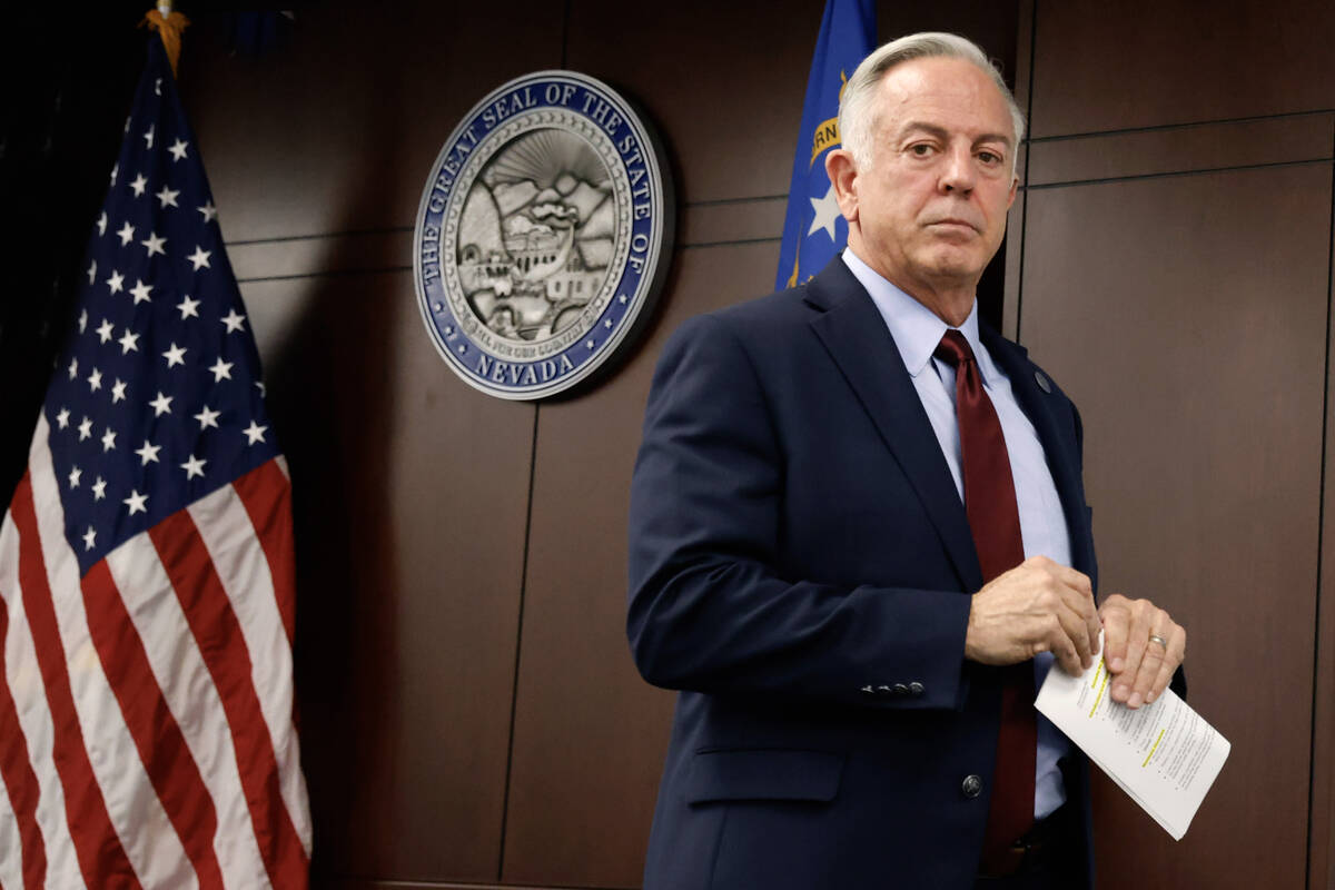 Gov. Joe Lombardo walks away after providing updates on Thursday, Sept. 4, 2025, during a news ...