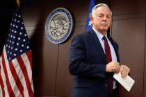 Gov. Joe Lombardo walks away after providing updates on Thursday, Sept. 4, 2025, during a news ...