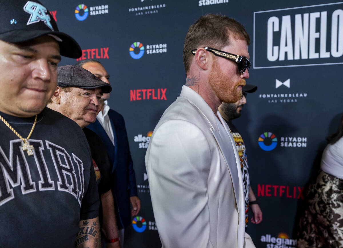 Saul ‘Canelo’ Alvarez walks the red carpet with his team during boxing arrivals a ...
