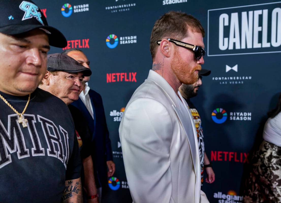 Saul ‘Canelo’ Alvarez walks the red carpet with his team during boxing arrivals a ...